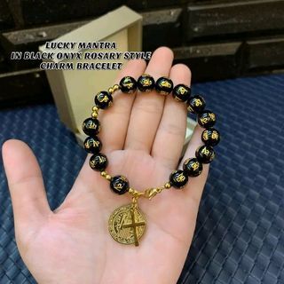 Lucky mantra in black onyx rosary style bracelet