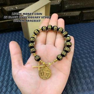 Lucky money coin in black onyx rosary style bracelet