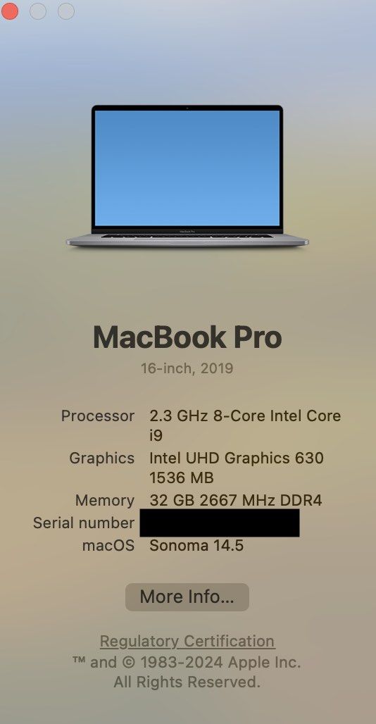 MacBook Pro 2019 16” 2.3ghz 8 core i9 32gb ram 1TB SSD AppleCare till 3 Oct  2024
