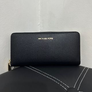 Michael Kors Jet Set Travel Mercer Continental Zip Wallet in Black Pebbled Leather with Wristlet Strap - Women's Wallet