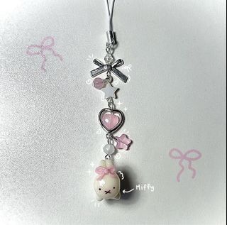 Miffy Lying Down with Pink Bow Themed Wire Beaded Phone Charm Keychain