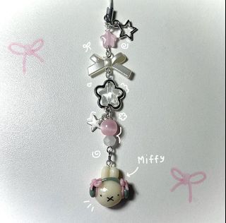 Miffy with Gray Headphones and Pink Bows Themed Wire Beaded Phone Charm Keychain
