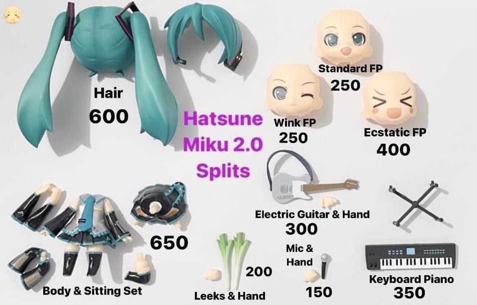 Nendoroid Hatsune Miku 2.0 Splits (Category: Figurines & Statues) located in San Fernando. Submitted by figurebytes (Listing ID 1310764709, Image 1). Description: Hatsune Miku 2.0 Splits Availability: *Hair ❌ *Standard FP ❌ *Wink FP *Ecstatic FP ❌ *Body & Sitting Set ❌ *Electric Guitar & Hand ❌ *Keyboard Piano ❌ *Mic & Hand ❌ *Leeks & Hand ❌ ✅ No issue ❌ - Means the item is sold — 📌Prices are in the picture provided 📌For dibs kindly PM us thank