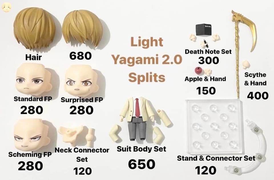 Nendoroid Light Yagami 2.0 Splits (Category: Figurines & Statues) located in San Fernando. Submitted by figurebytes (Listing ID 1310741902, Image 1). Description: Light Yagami 2.0 Splits Availability: *Hair ❌ *Standard FP ❌ *Surprised FP *Scheming FP *Suit Body Set ❌ *Death Note Set ❌ *Scythe & Hand *Apple & Hand *Neck Connector Set ❌ *Stand & Connector Set ❌ ✅ No issue ❌ - Means the item is sold — 📌Prices are in the picture provided 📌For dibs 