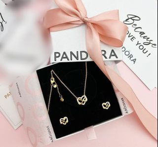 Pandora gold shine infinity heart necklace and stud earring set