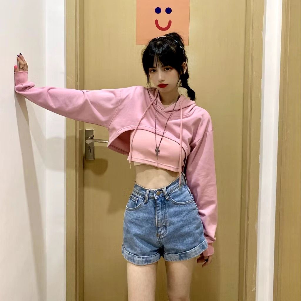 Pinkish Korean style Short Hoodies Vest Set Women Sweatshirt Long sleeved Women Blouse Loose Short Cut out Student Crop Top Fashion Inner Women s Fashion Tops Longsleeves on Carousell