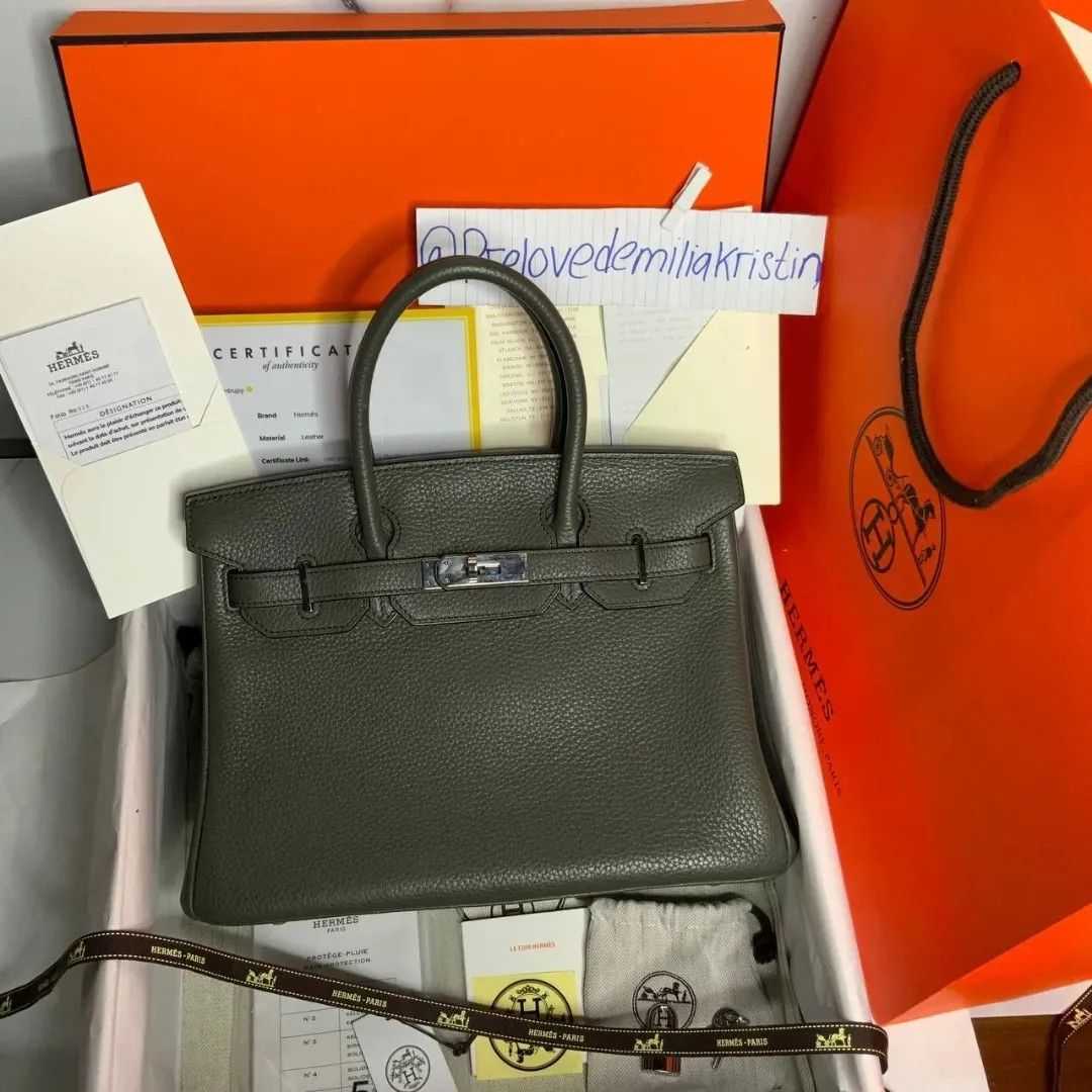 Preloved birkin vert de gris togo shw stamp #Q, Barang Mewah, Tas