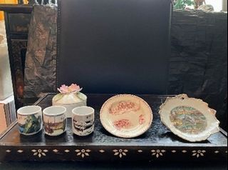 Three Japanese teacups, blue Montreal miniplate, pink farm plate, pink and white jewelry box