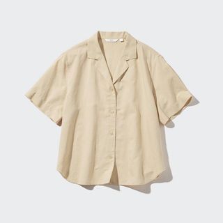 Uniqlo Linen Blend Open Collar Short  Sleeve Top (Beige)