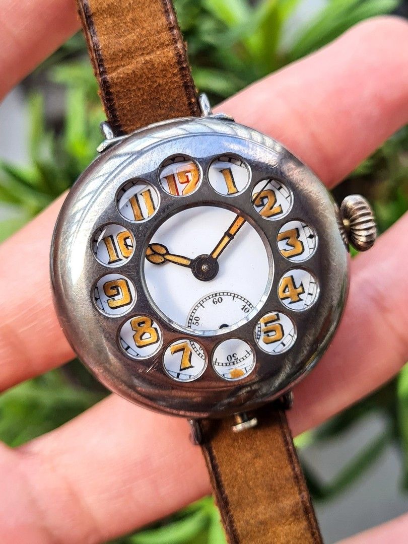 Very Rare 1910s WWI Telephone Half Hunter Trench Military Watch in Solid Sterling 925 Silver with Flawless Porcelain Dial