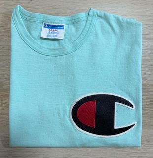 VINTAGE "Champion" Logo Raised Applique (L) Heavy T-Shirt Turquoise