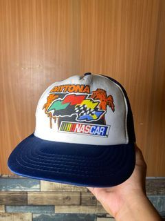 Vintage Daytona NASCAR Snapback Trucker Hat Blue & White Racing Mesh Back Cap