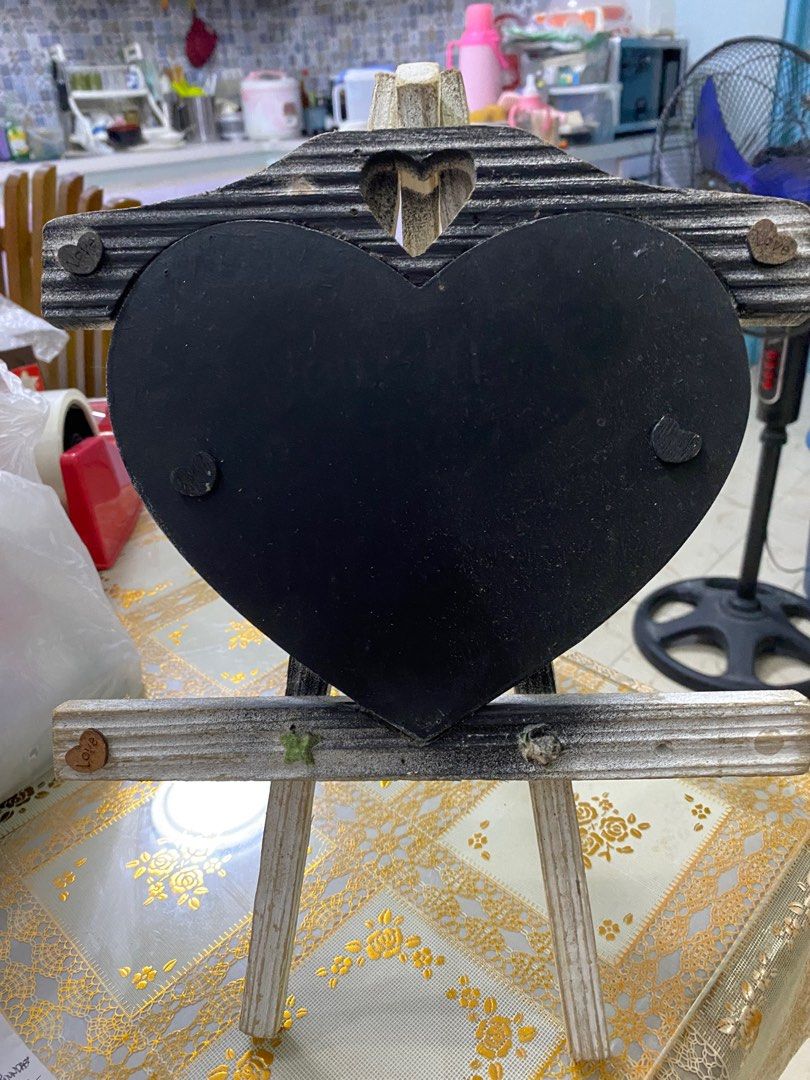 Wooden Easel Stand with Heart Board (Category: Art & Prints) located in Malabon City. Submitted by twinklevir (Listing ID 1310786639, Image 1). Description: Wooden Easel Stand with Heart Board Best to use on Birthday or Wedding Parties. Height - 13 inches Heart width - 8 inches.