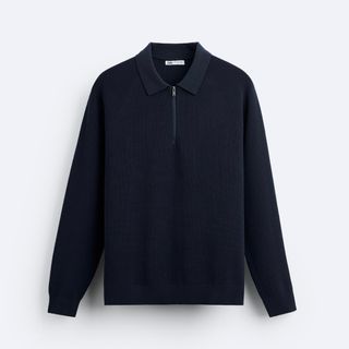 Zara Knit Quarter-Zip Polo Shirt Navy Blue