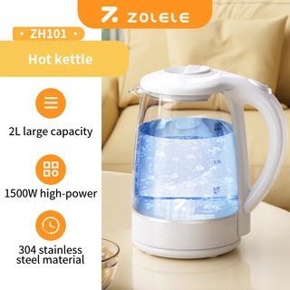 ZOLELE ZH101 Electric Water Kettle 2-Liter Large Capacity, 1500 Watts, Double Layer Heat Preservation Anti-Scald Design & Stainless Steel Filter - White