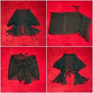 Black Chiffon and Lace Lingerie / Loungerie / Cover-Up / Asymmetric / Crop Bolero / Skirt / Multiway Top