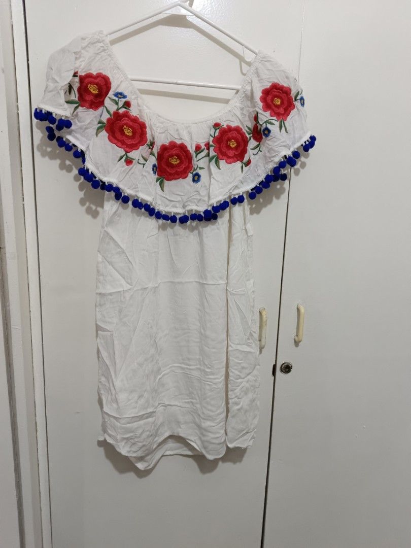 Forever 21 mini dress white red blue short fiesta dress off shoulder with pom poms Women s Fashion Dresses Sets Dresses on Carousell