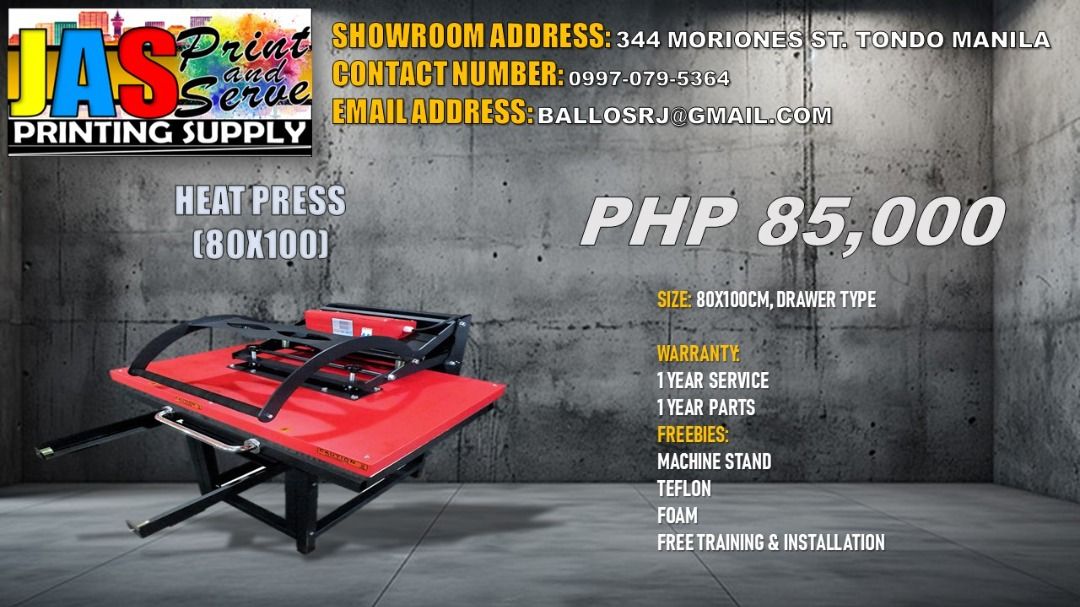 HEAT PRESS, CUTTER PLOTTER &DTF MACHINE (Category: Printers, Scanners & Copiers) located in Manila. Submitted by rjballos (Listing ID 1310840435, Image 1). Description: Looking for premium large format printer machines? Your search ends here! . . WE ARE LEGIT SUPPLIER OF LARGE FORMAT PRINTER MACHINE Price Starts @ Php150,000 . . BRAND NEW!! . . ✅ TARPAULIN PRINTER MACHINE ✅ SUBLIMATION PRINTER MACHINE ✅ DTF MACHINE (DIRECT TO FILM) A3 SIZE and 2F