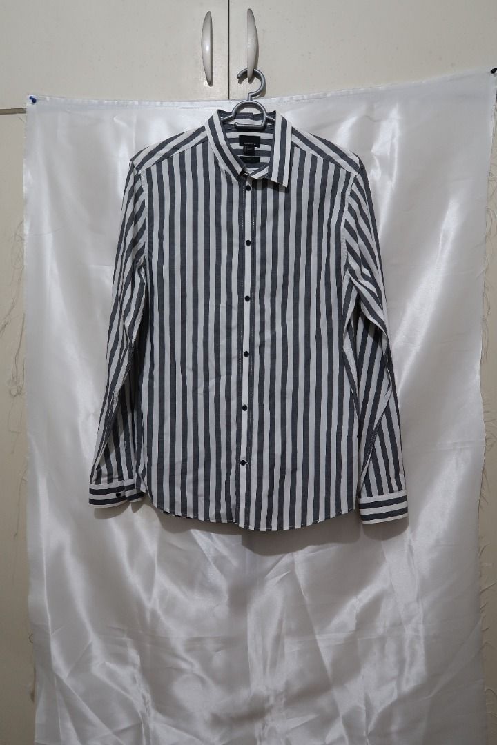 H M Slim Fit Gray Striped Long Sleeves Shirt Men s Fashion Tops Sets Formal Shirts on Carousell
