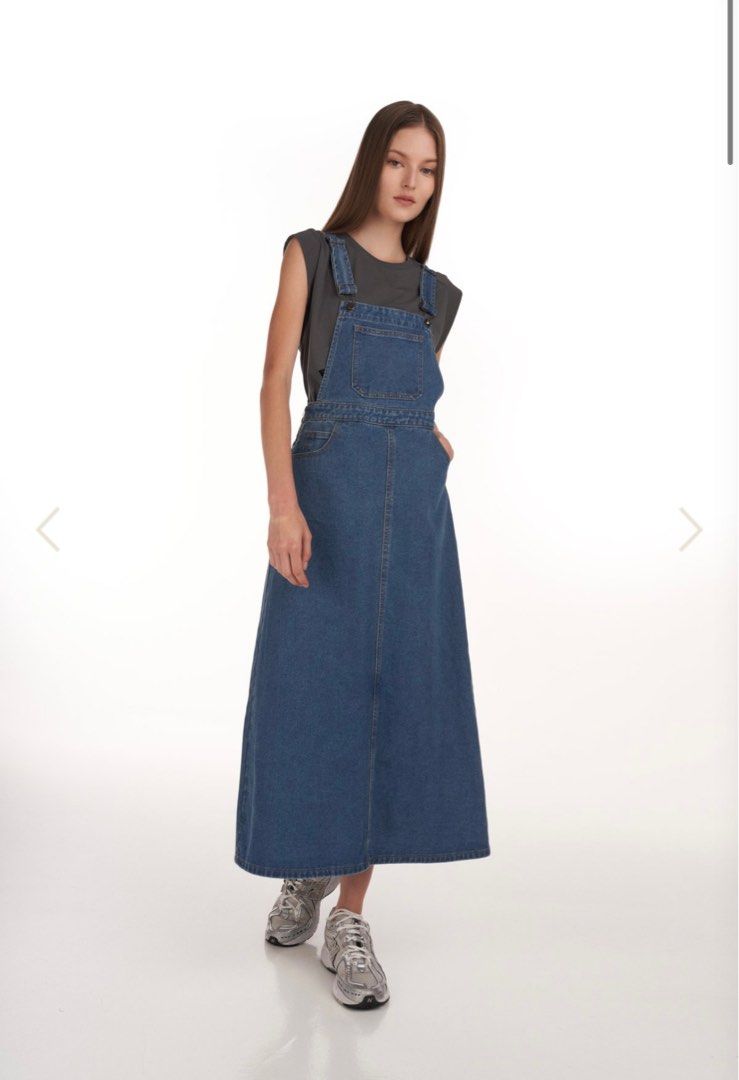Denim dungaree maxi dress shop