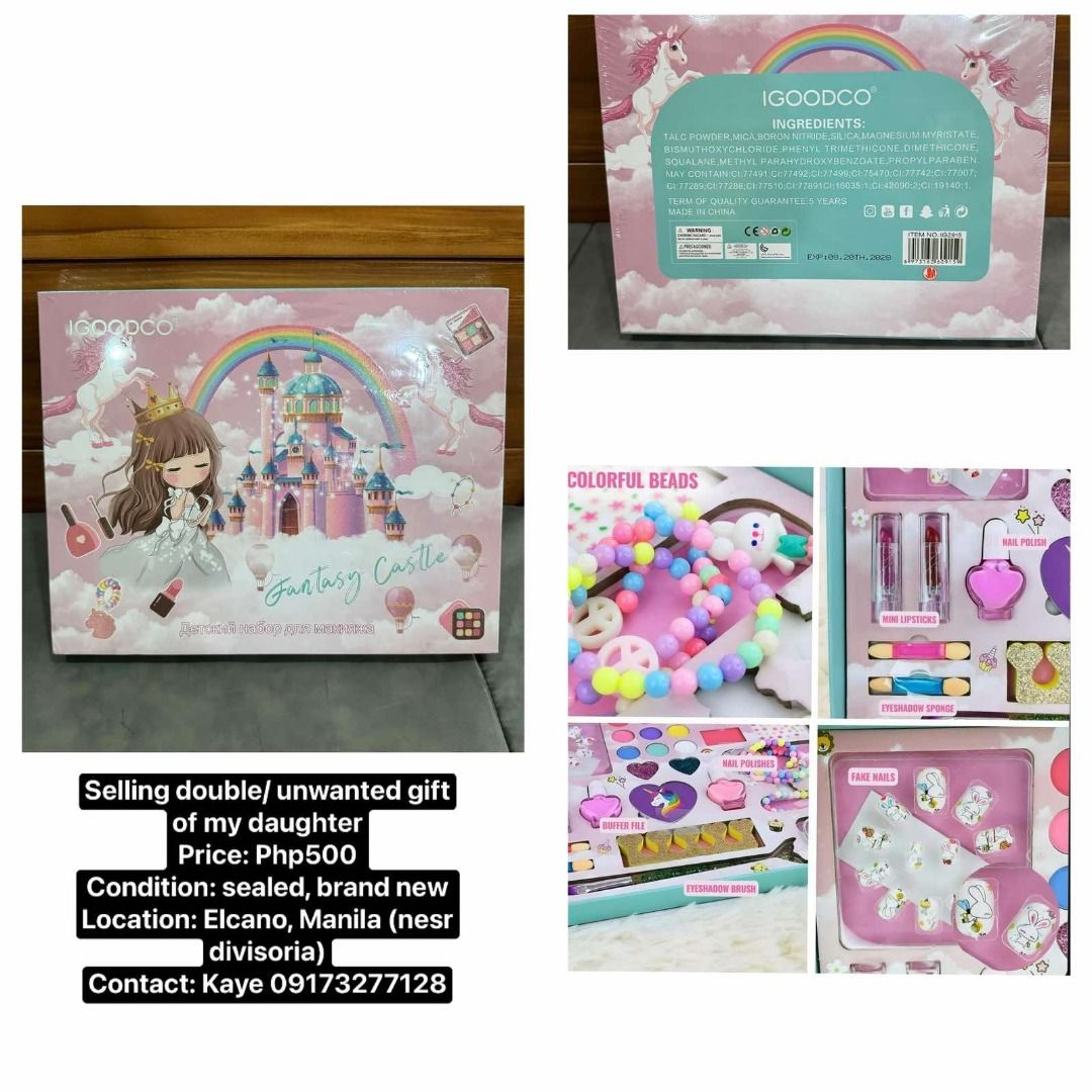 Make up - Sealed - Brand New (Category: Makeup) located in Manila. Submitted by elcanomnlfinds (Listing ID 1310834282, Image 1). Description: Selling: Make up for kids, fake nails, beads Condition: sealed, Brand New Selling for Php500 Location: Elcano, Manila (near divisoria) SF: c/o buyer (grab, lalamove, gogoexpress, angkas, joyride) Contact: 09173277127.