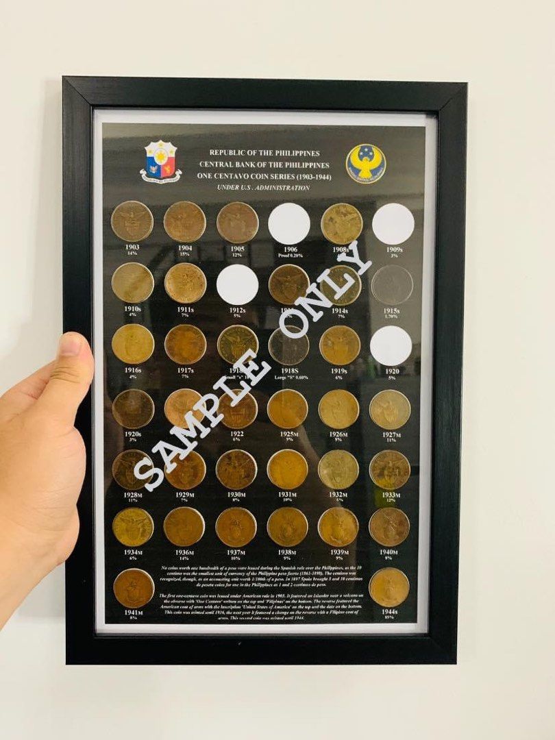 One centavo coin series 1903-1944 frame with layout (Category: Currency) located in Gapan. Submitted by gapancoincollector (Listing ID 1310960592, Image 2). Description: Add 150 shipping fee.