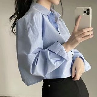 Powder Blue Cropped Long Sleeve Polo Butterfly Top