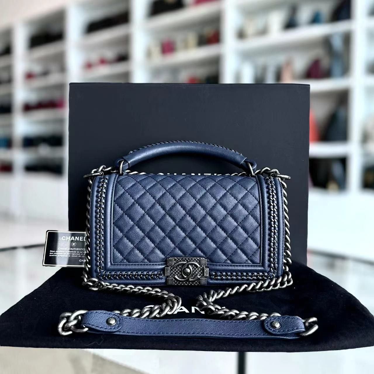 Ready Stock Rare Chanel Boy Old Medium Quilted Calfskin With Handle Chain Around Dark Blue RSHW No 23