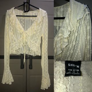 Shein Lace Ruffles Tie front Long sleeve Top