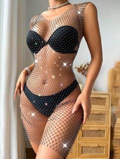 SHEIN Women Mesh Body Chains Rhinestone Crystal See Through Cover Up Crop  Fishnet Bikini