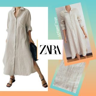Zara Organic Linen Beige Dress M/SL