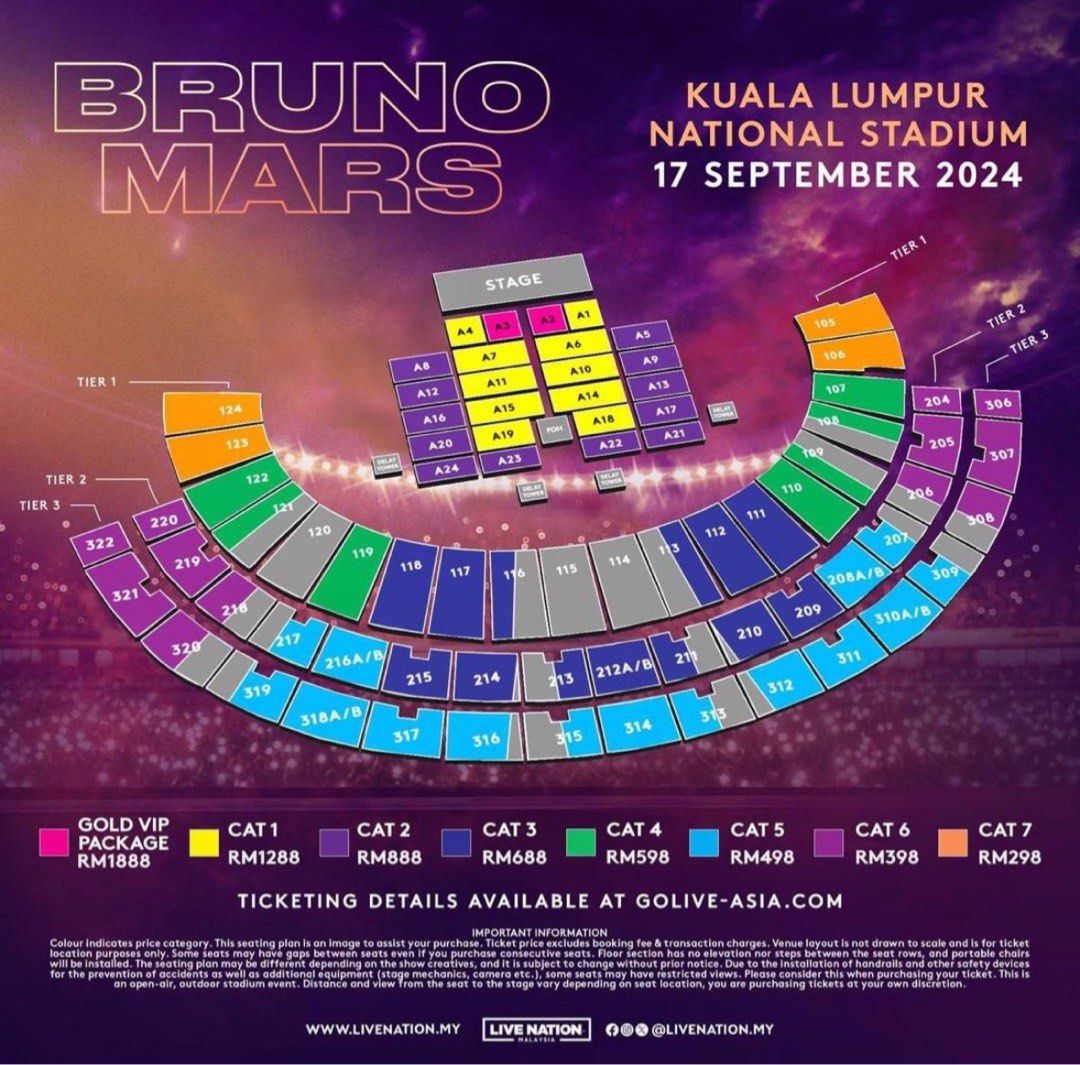 Bruno Mars Bukit Jalil Concert 2024 Cat 3 x2, Tickets & Vouchers, Event