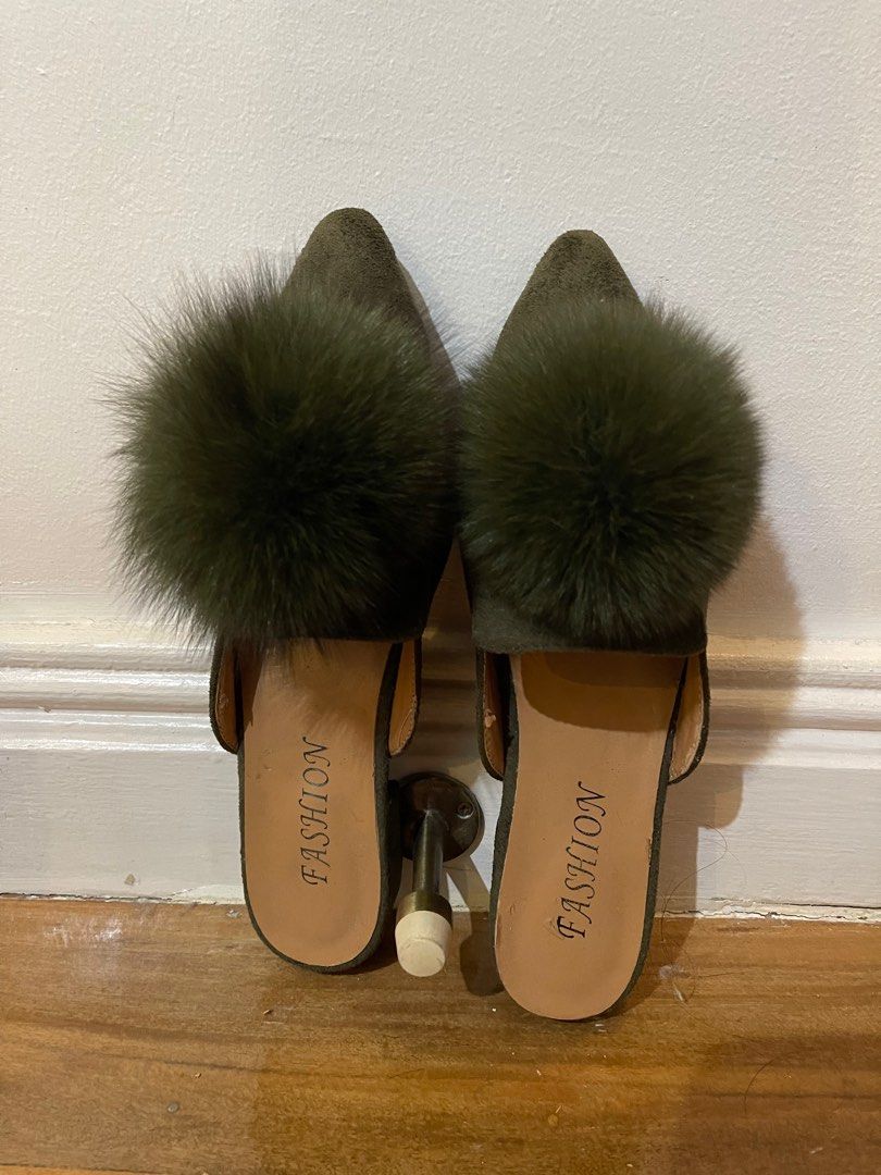 Olive green fur slides clearance