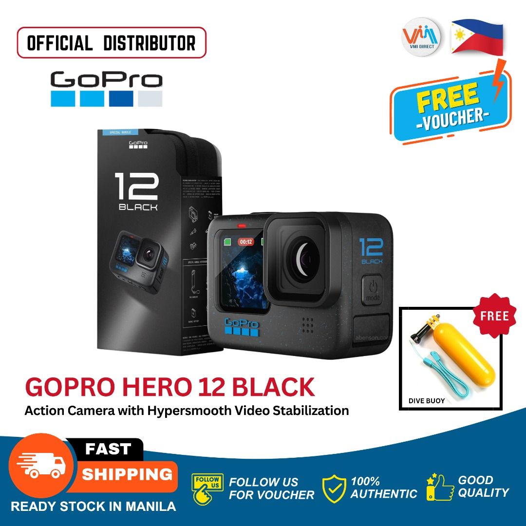 GoPro HERO12 Black Waterproof Action Camera (Category: Cameras) located in Manila. Submitted by vmidirect (Listing ID 1298708410, Image 1). Description: Product Details -Includes HERO12 Black camera, Enduro Rechargeable Battery, curved adhesive mount, mounting buckle + thumb screw and USB-C cable -HDR (High Dynamic Range) Video + Photo for more vivid images -Longer runtimes, including 1.5 hours at 5.3K30 and over 2.5 hours at 1080p30² -Optional M