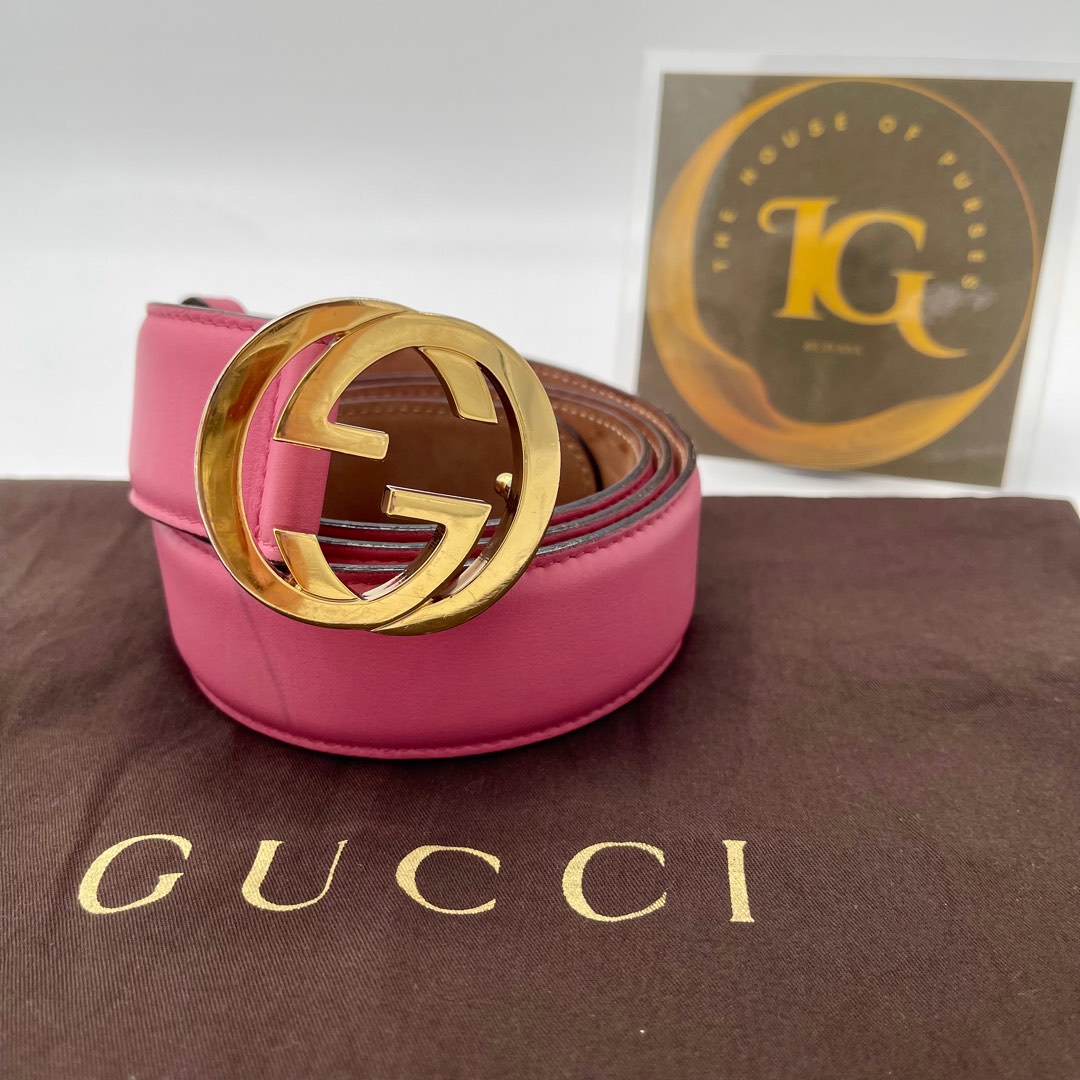 Gucci Pink Calf Skin Interlocking GG Logo Buckle Belt