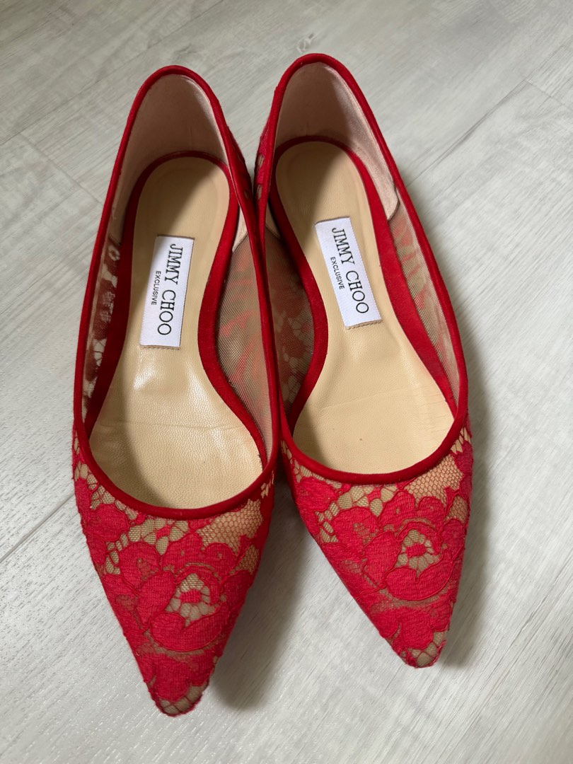 Jimmy Choo Red Poppy Lace Romy Flat Luxury Sneakers Footwear on Carousell