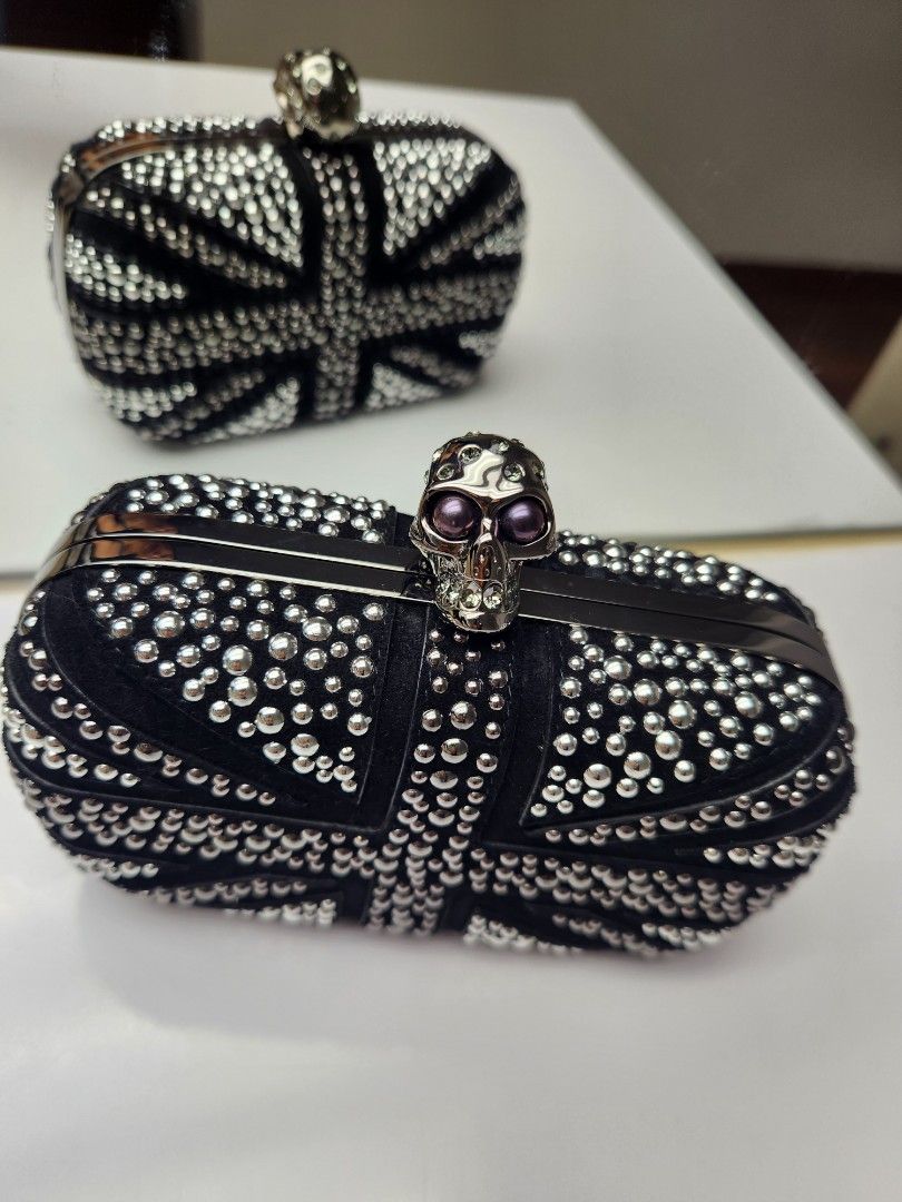 New Alexander McQueen Skull black velvet Union Jack clutch bag