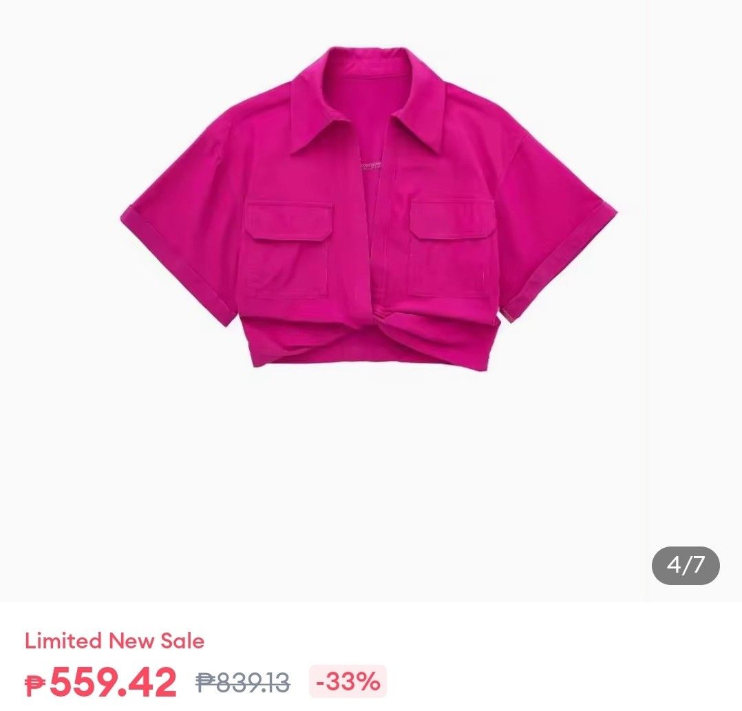 Pink Semi Crop Shirt (Category: Blouses) located in Paranaque City. Submitted by declutter_alex (Listing ID 1311122390, Image 1). Description: Sobrang ganda pa. 1x lang nagamit..