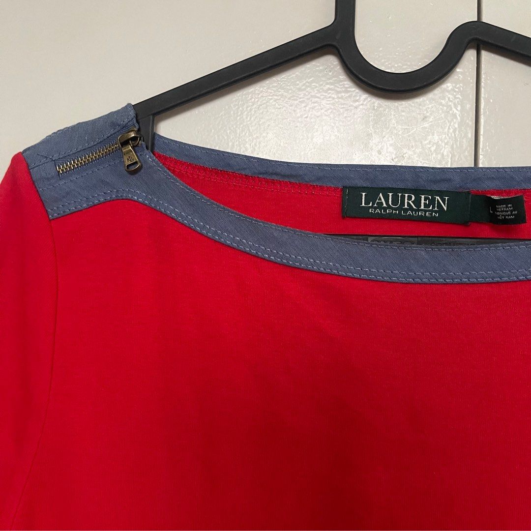 Ralph Lauren Red Boat Neck Top (Category: Blouses) located in Rizal. Submitted by camiela (Listing ID 1311089984, Image 2). Description: Ralph Lauren red boat neck top with zipper details on the shoulder part only used once, in very good condition no flaws! size L on tag, can fit M.