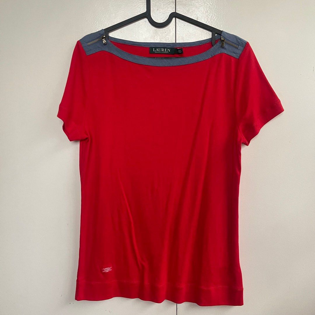 Ralph Lauren Red Boat Neck Top (Category: Blouses) located in Rizal. Submitted by camiela (Listing ID 1311089984, Image 1). Description: Ralph Lauren red boat neck top with zipper details on the shoulder part only used once, in very good condition no flaws! size L on tag, can fit M.