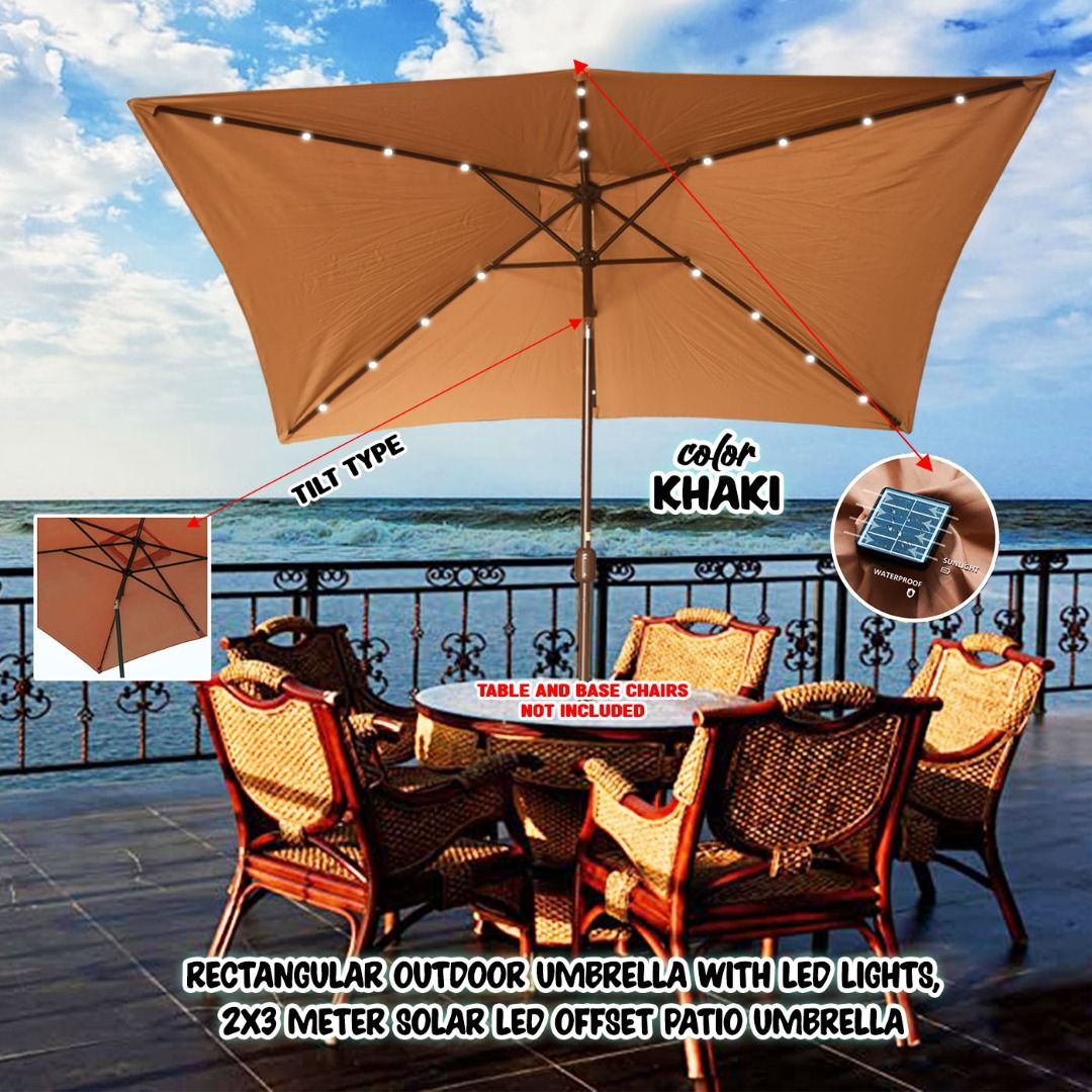 Rectangular Outdoor Umbrella with Led Lights, 2x3 meter Solar LED Offset Patio Umbrella (Category: Umbrellas) located in Caloocan City. Submitted by markanthon28228 (Listing ID 1311045722, Image 1). Description: Rectangular 2x3 meter Tilt & crank system, easy to open and adjust shade 24 LED with solar panel LED bulb with 50000 hours Impermeable to water and UV rays Minimum of 2 years colorfastness Wide enough to one table with 6 to 8 chairs.