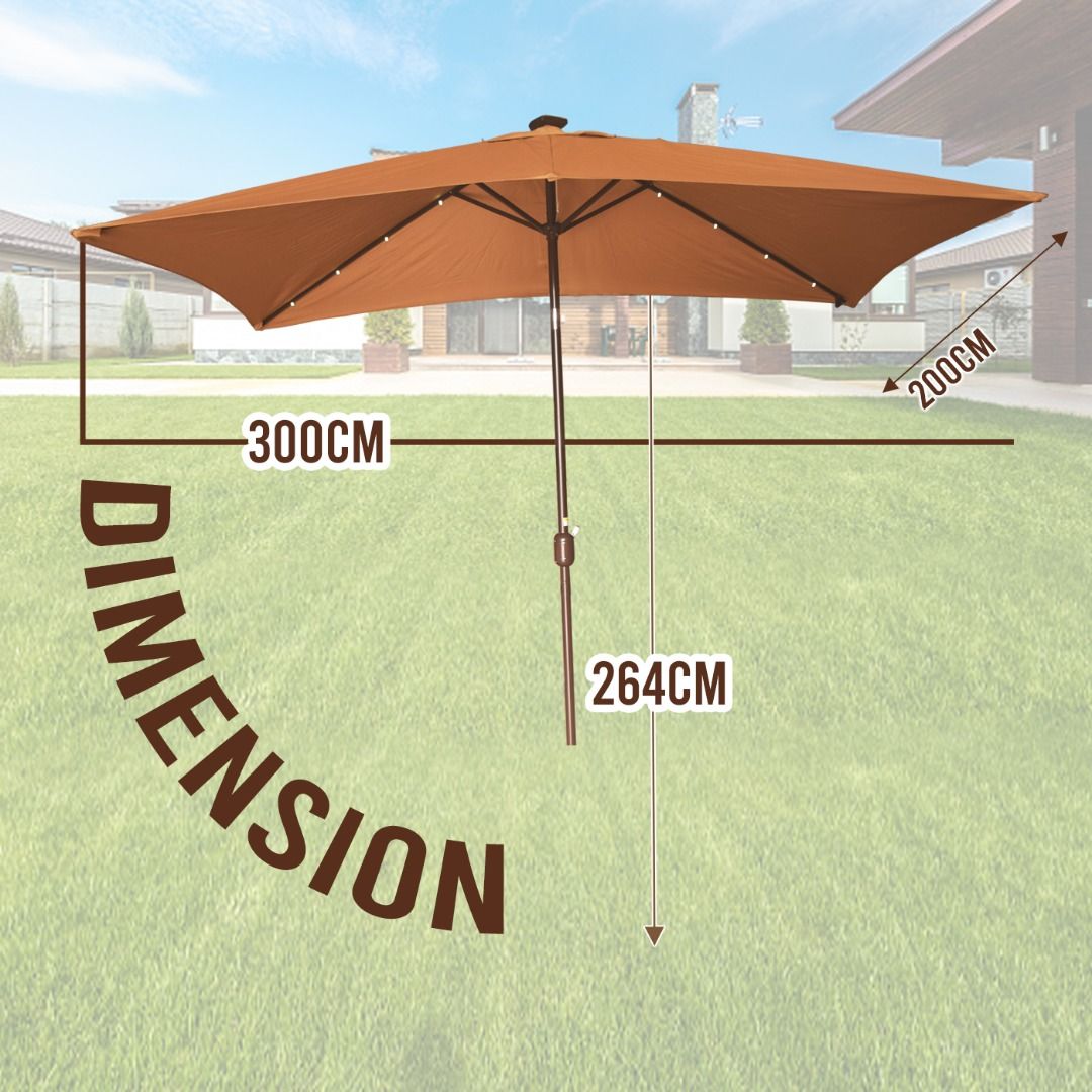 Rectangular Outdoor Umbrella with Led Lights, 2x3 meter Solar LED Offset Patio Umbrella (Category: Umbrellas) located in Caloocan City. Submitted by markanthon28228 (Listing ID 1311045722, Image 3). Description: Rectangular 2x3 meter Tilt & crank system, easy to open and adjust shade 24 LED with solar panel LED bulb with 50000 hours Impermeable to water and UV rays Minimum of 2 years colorfastness Wide enough to one table with 6 to 8 chairs.