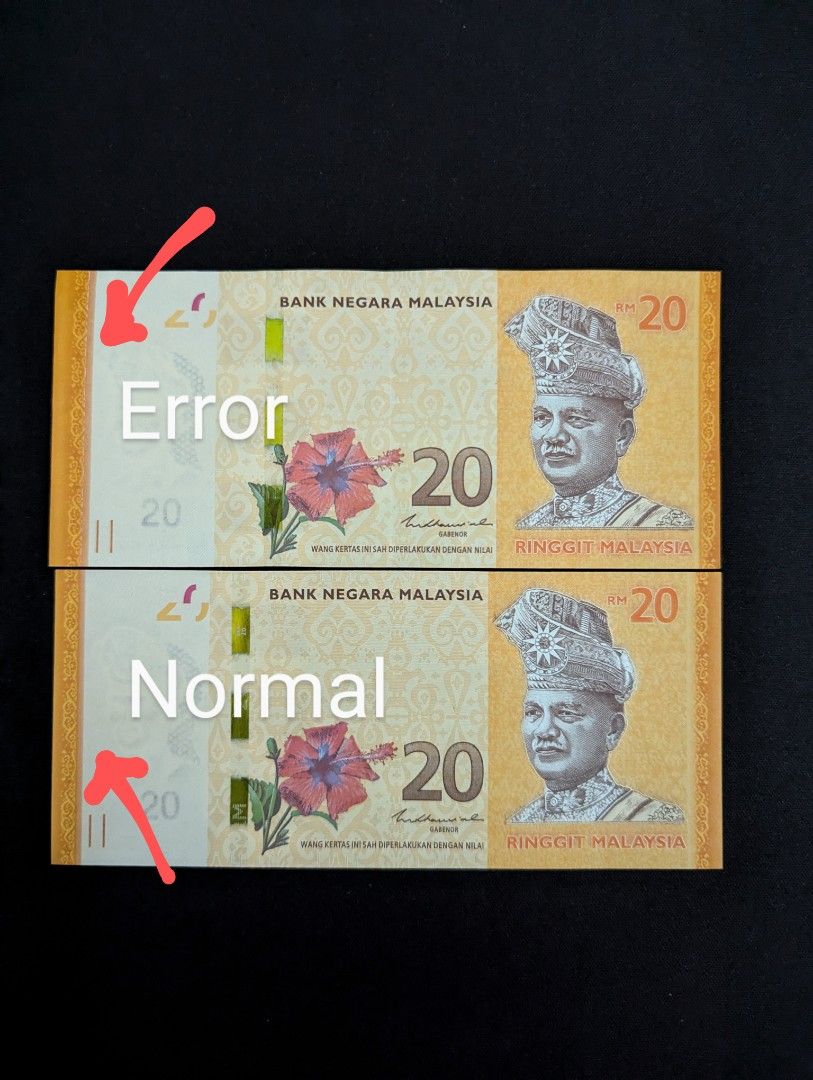 RM20 error note (Category: Currency) located in Port Dickson. Submitted by RarePiece99 (Listing ID 1311036930, Image 1). Description: cutting error condition EF-GEF Prefix DC.