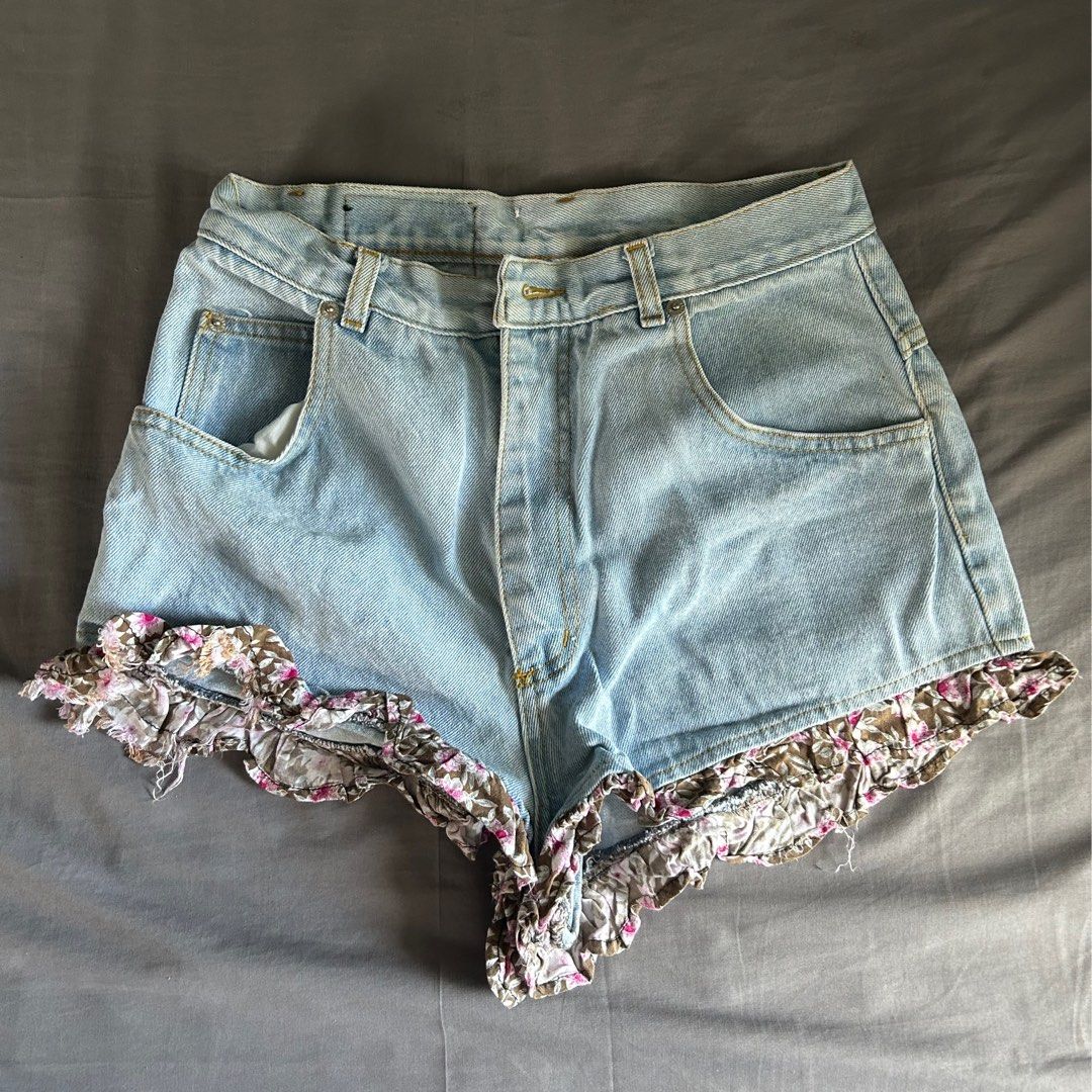 Vintage Denim Shorts with floral ruffles Women s Fashion Bottoms Shorts on Carousell