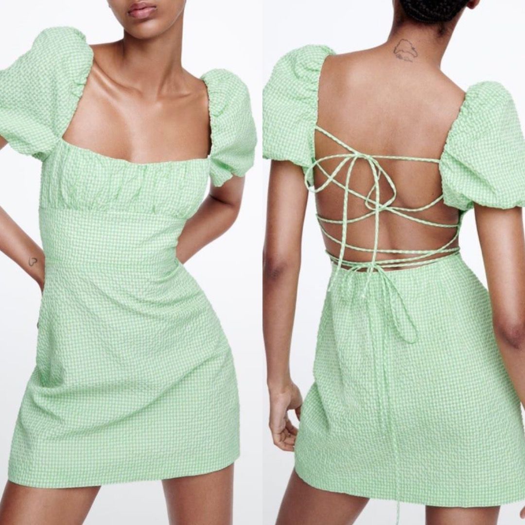Zara Green & White Textured Gingham Puff Sleeve Backless Dress, Women's  Fashion, Dresses & Sets, Dresses on Carousell