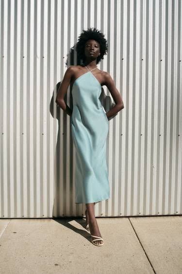 Zara long silk dress turquoise BNWT, Women's Fashion, Dresses & Sets,  Dresses on Carousell