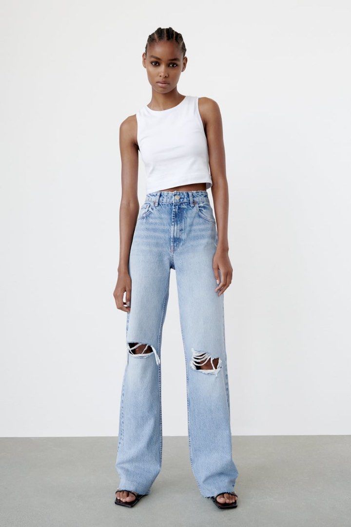 ZARA Ripped Jeans High Waisted Wide Leg, Women's Fashion, Bottoms