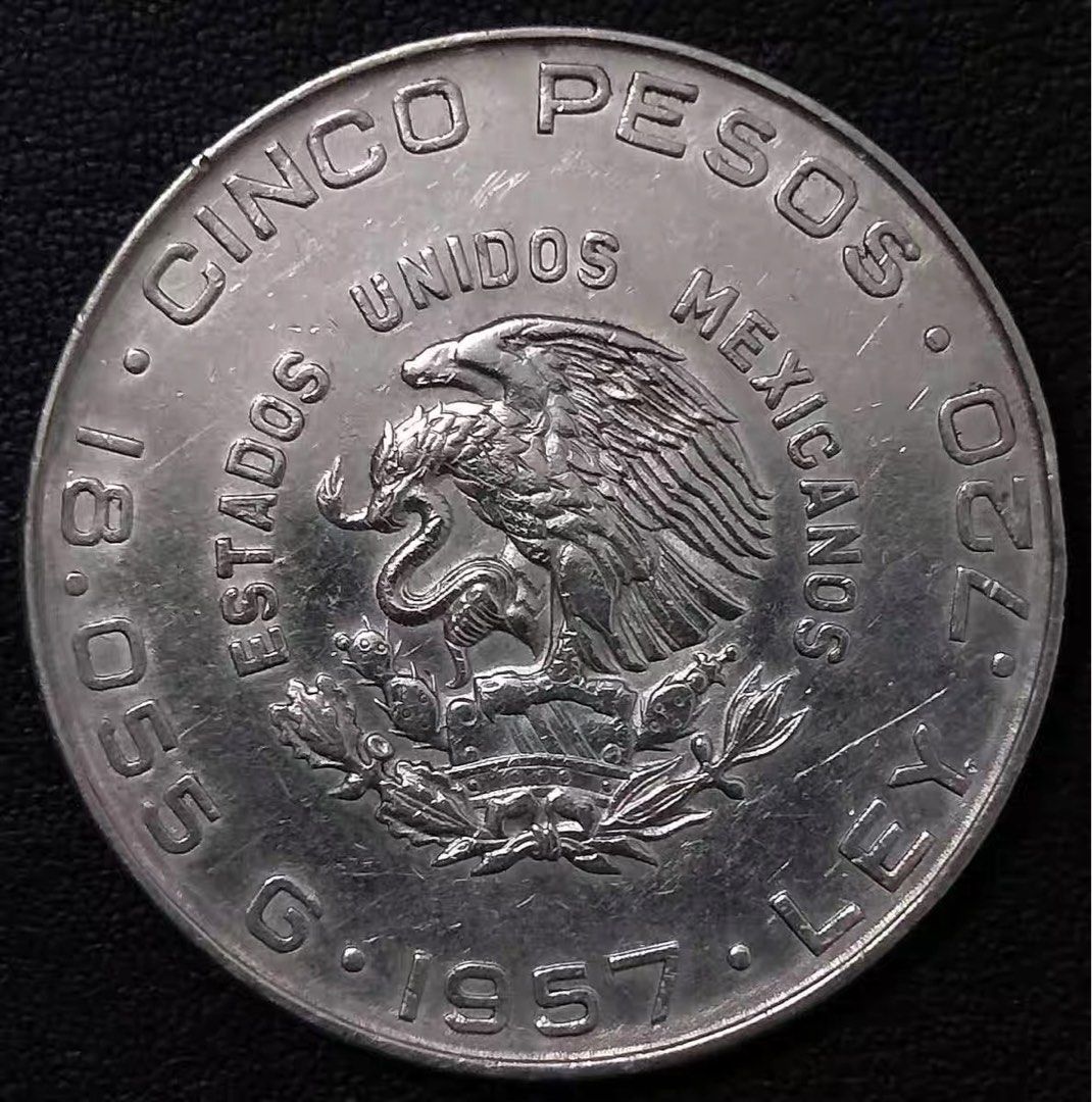 墨西哥🇲🇽1957年伊迭爾戈5比索大銀幣, 興趣及遊戲, 收藏品及紀念品, 錢幣- Carousell
