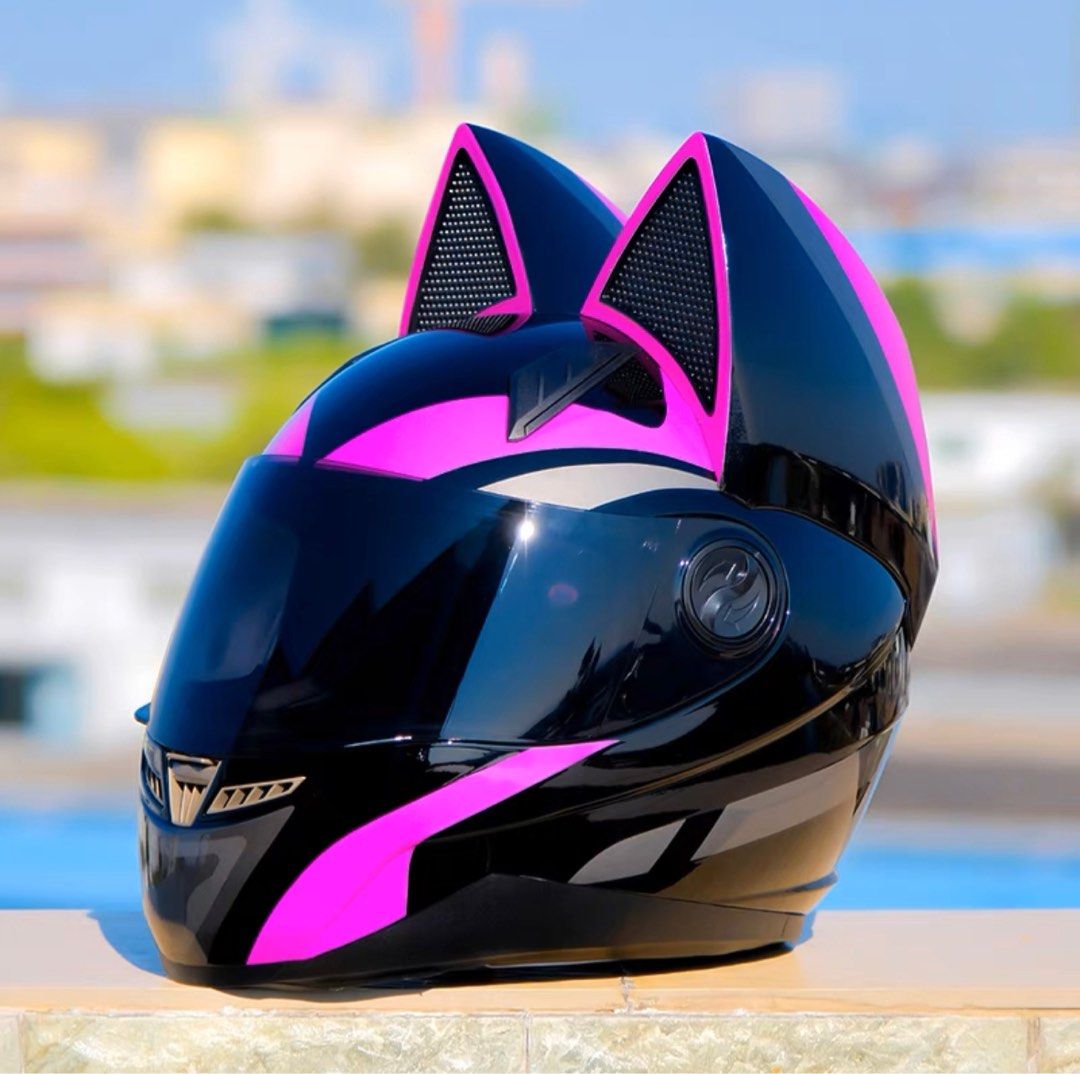 Black with Pink Stripes Cat Fox Ears Full Face Motorcycle Helmet Motorbike Bike RG Motorcycles Motorcycle Apparel on Carousell