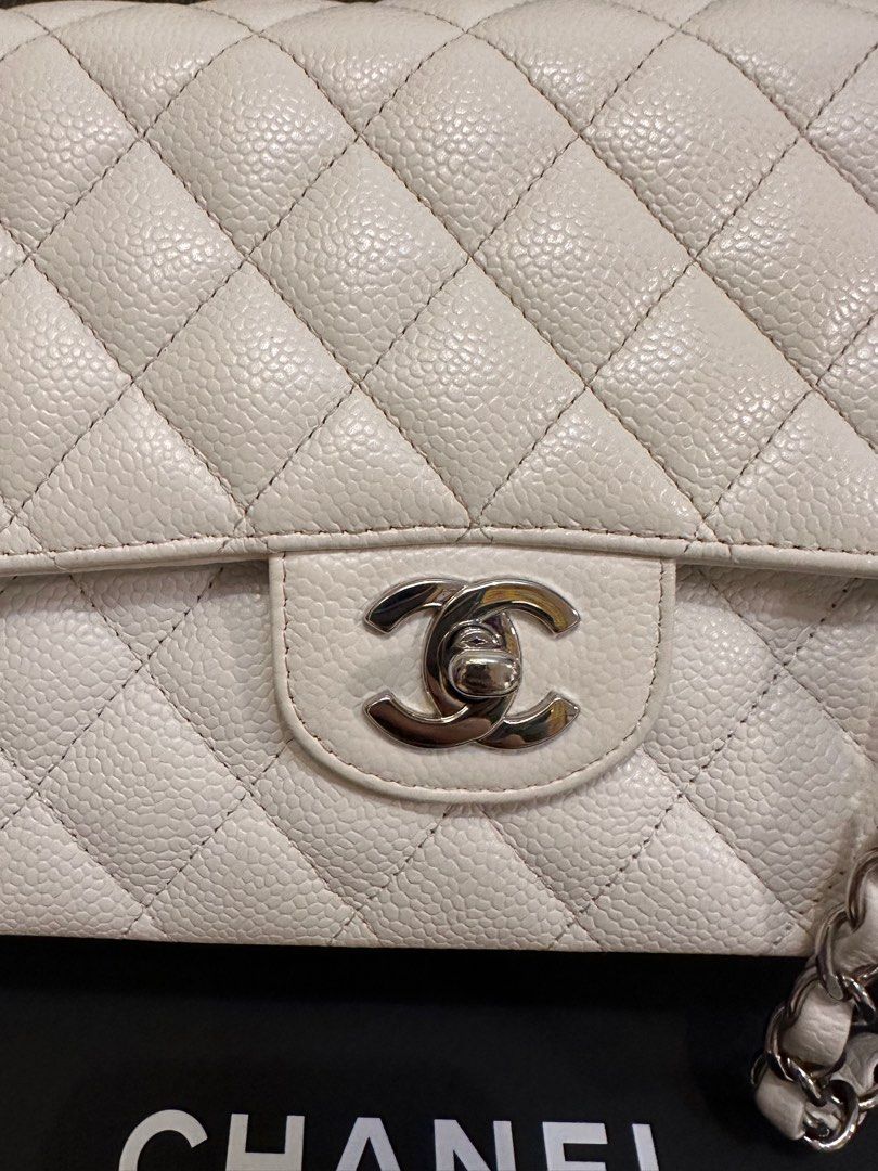 超美品💓Chanel Vintage Classic Flap Bag 25cm Medium Caviar White Handbag